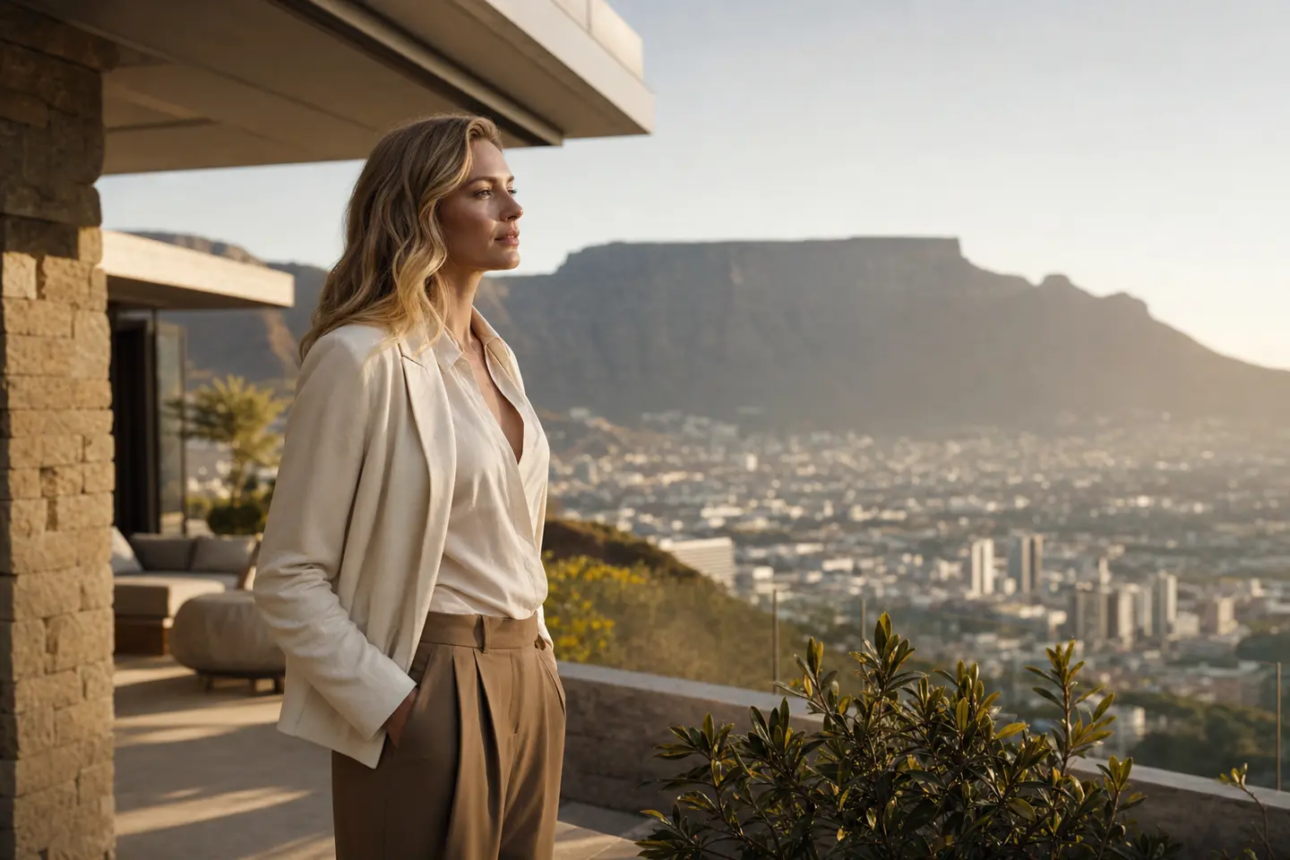 Model companion on a villa terrace