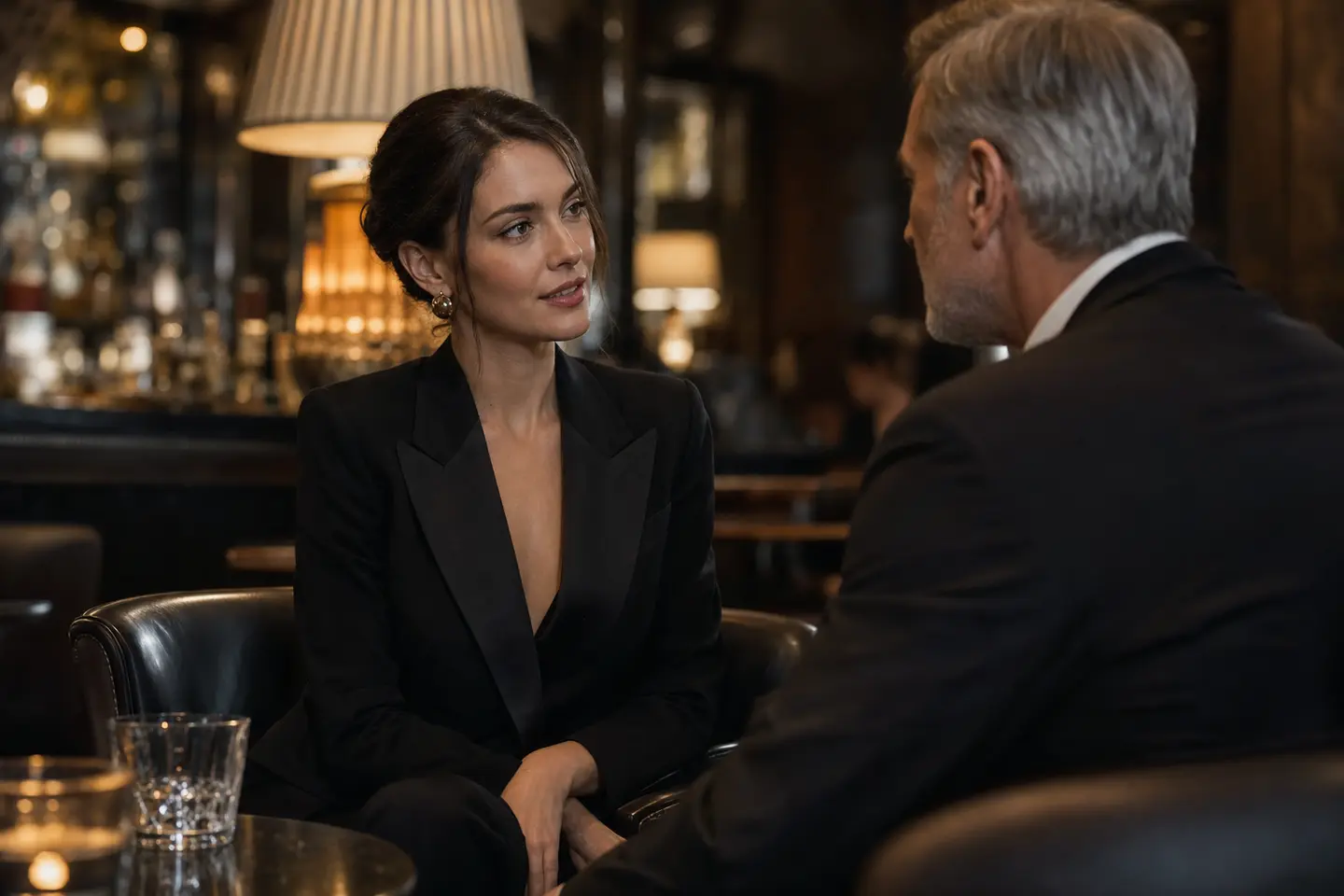 A conversation over drinks in a hotel lounge