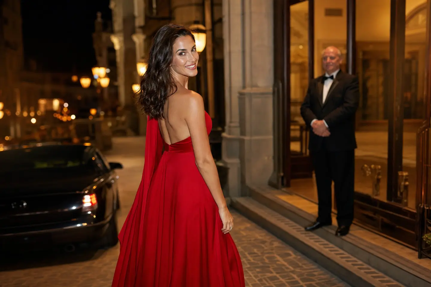 Model companion arriving in the city at dusk
